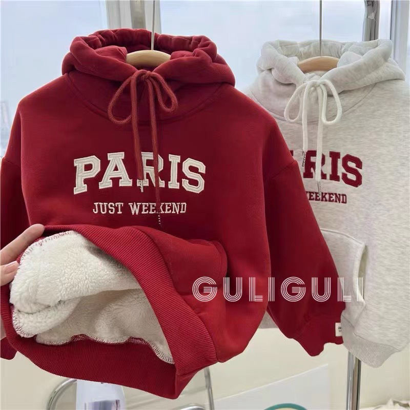 Children's winter thickened one-piece sherpa hooded sweatshirt for boys and girls New Year's red New Year's wear plus velvet hood