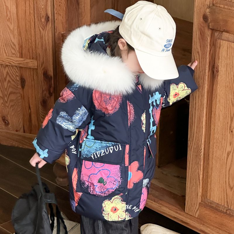 Children's Down Jacket 2023 New Medium-Length Girl's Thickened Hooded Floral Korean Style Childhood Winter Cute Jacket
