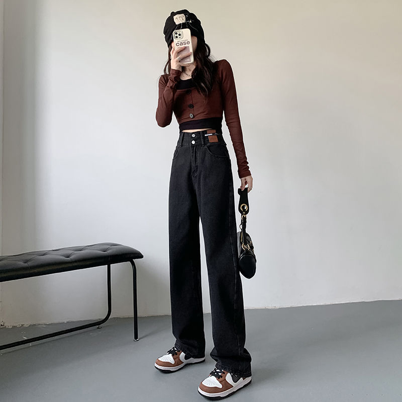 春秋2023年新款寬鬆梨形身材直筒牛仔褲女垂感拖地褲高腰闊腿褲子
