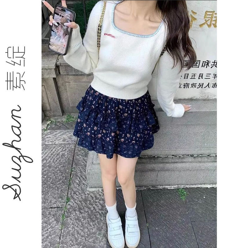 甜辣風設計感方領修身毛衣上衣打底衫女早秋外穿白色撞色針織衫潮