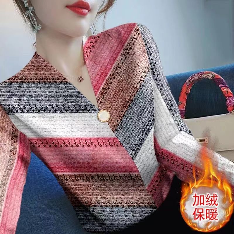 2023新款一體雙面德絨V領打底衫女長袖修身時尚百搭保暖上衣潮