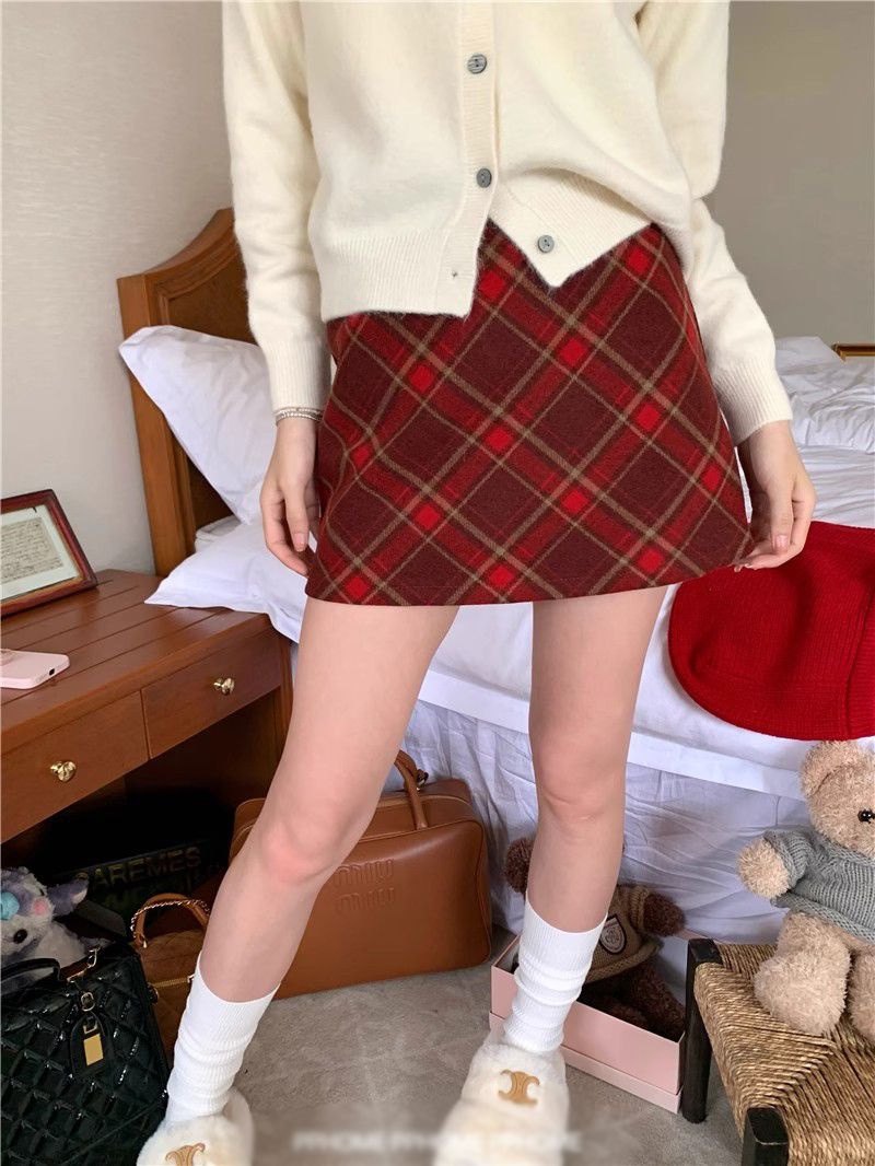 Homemade ~ Plaid A-Line Skirt Woolen Plaid Skirt Autumn and Winter Thick High Waisted Woolen Half Skirt for Women 2023