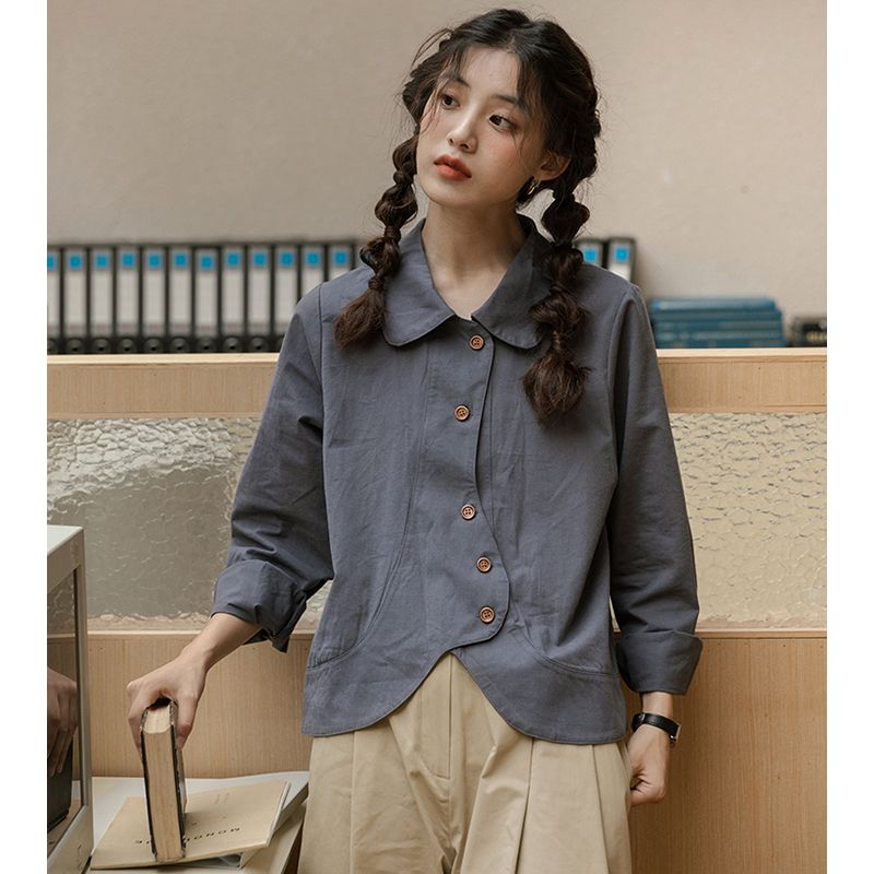 日系磨毛寬鬆顯瘦設計感襯衫上衣女2023早秋款Polo領長袖開衫襯衣