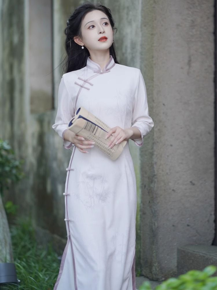 新中式少女紫色長袖旗袍2023秋季新款復古民國風優雅氣質年輕款