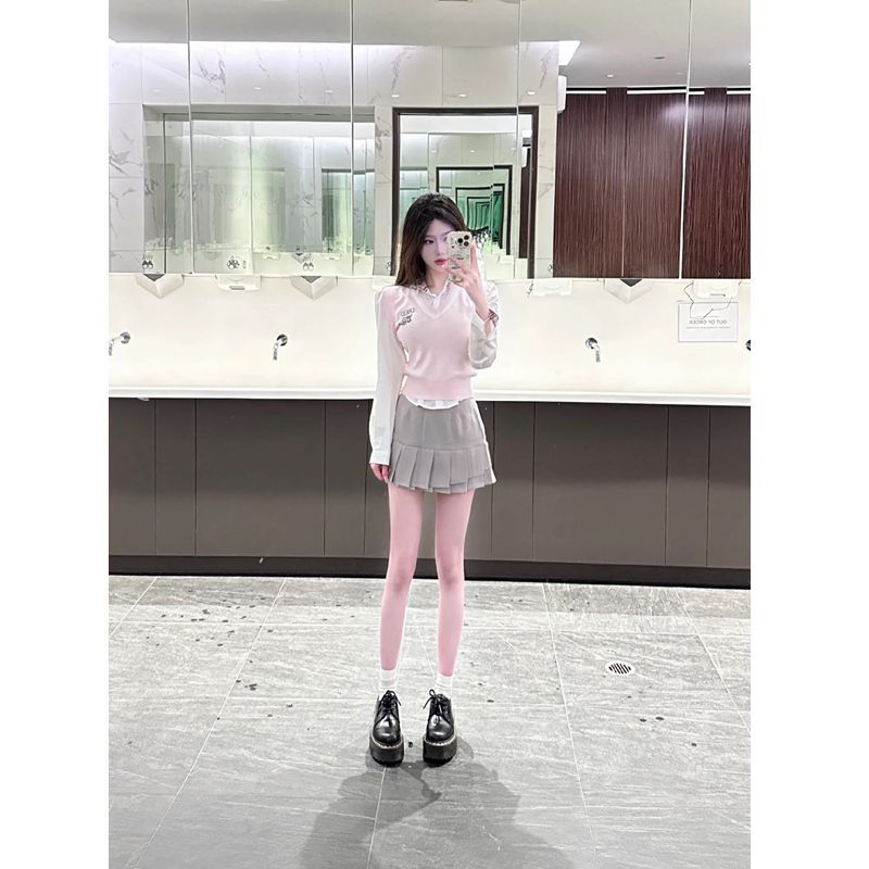 三件套裝/單件學院風V領短款針織馬甲女+白色襯衫+高腰百褶半身裙