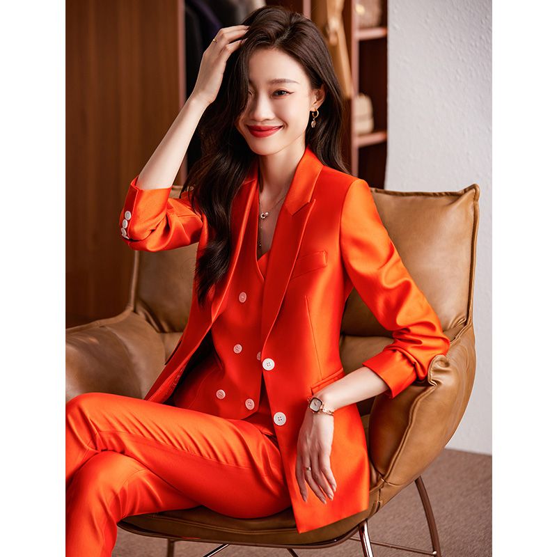 High-end orange blazer women's commuter business attire suit vest three-piece set slim temperament manager work clothes