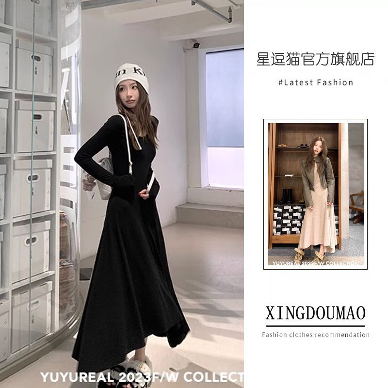 Long-sleeved dress  autumn and winter new style favors Korean style U-neck discreet slimming irregular bottoming A-line skirt