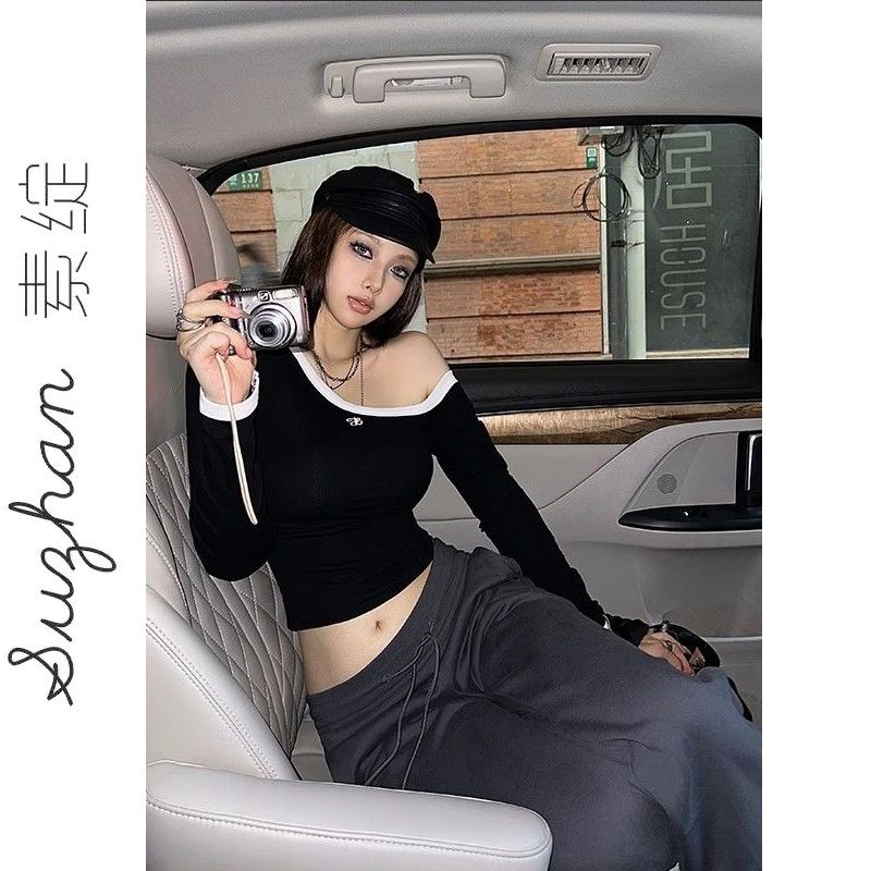 韓版新款氣質洋氣百搭撞色長袖t恤女早秋設計感字母刺繡顯瘦上衣
