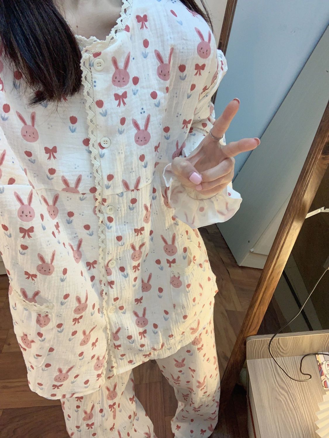 ins風小兔子睡衣女春秋新款長袖長褲花邊日系學生外穿居家服套裝