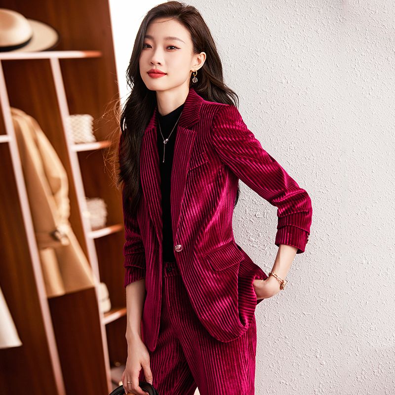 Corduroy red suit jacket women's professional suit autumn and winter new temperament retro high-end suit work clothes