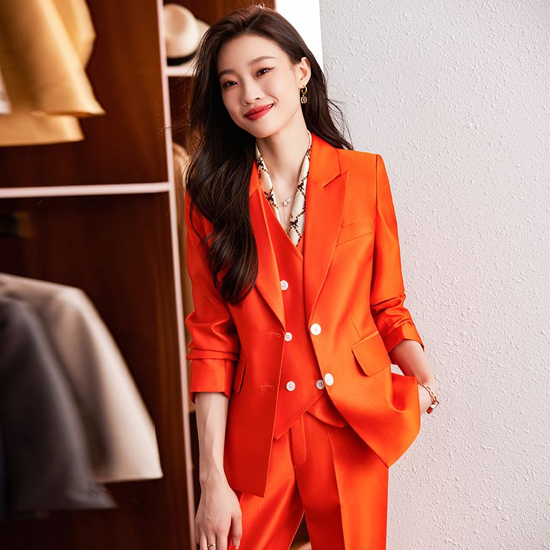 High-end orange blazer women's commuter business attire suit vest three-piece set slim temperament manager work clothes