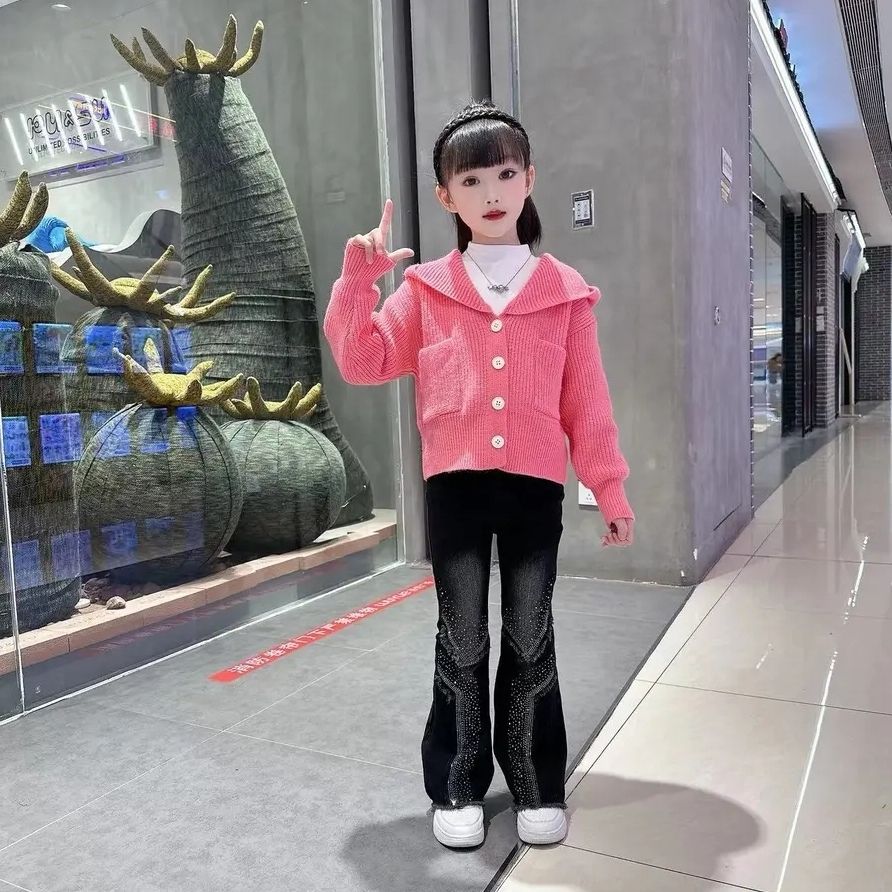 女童秋季新款韩版网红开衫毛衣时髦连帽外套烫钻牛仔喇叭裤套装潮