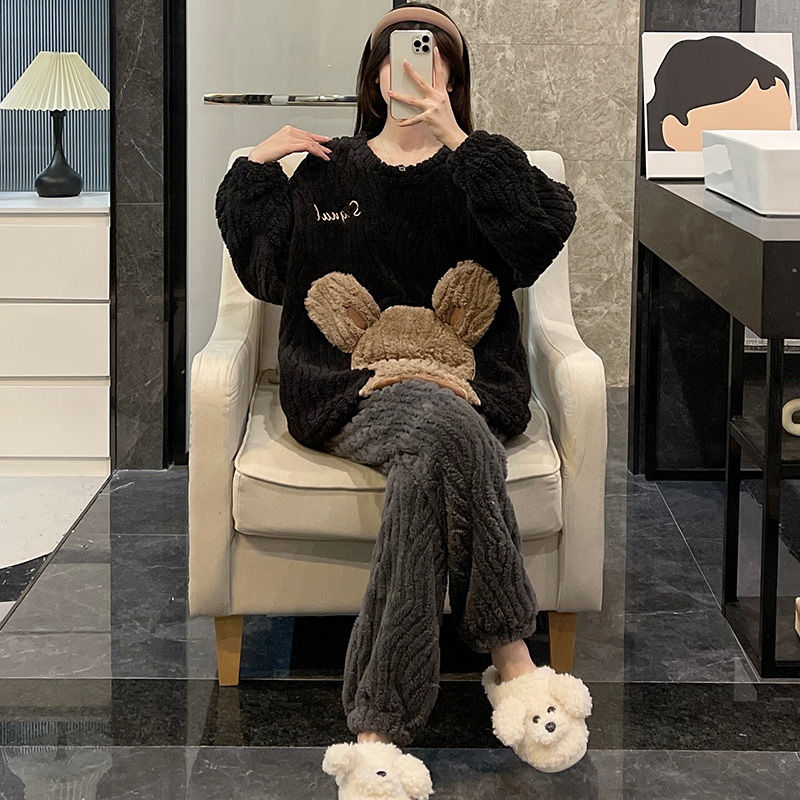 卡通珊瑚絨睡衣女秋冬季新款法蘭絨加厚可外穿學生春套裝家居服