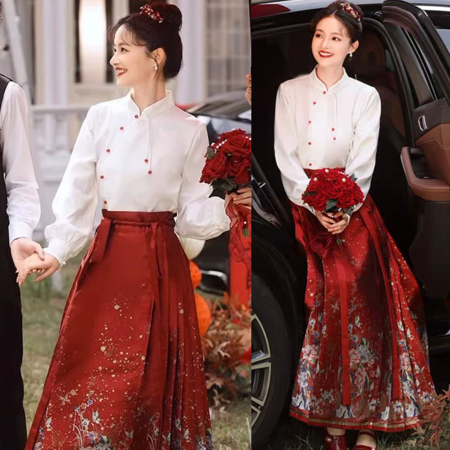 大碼女胖mm新中式改良漢服紅色馬面裙套裝新娘敬酒訂婚禮服200斤