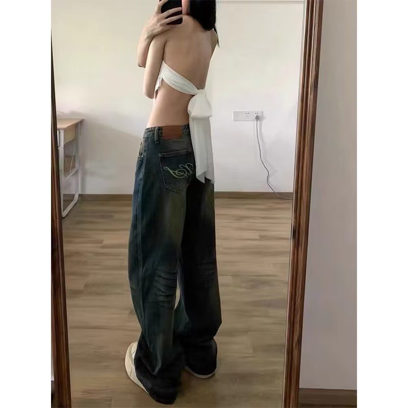 美式復古辣妹寬鬆直筒牛仔褲女秋季高街低腰做舊闊腿拖地長褲子潮