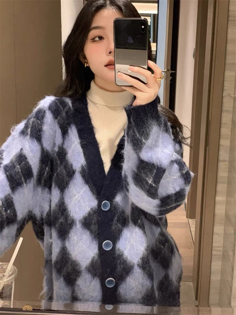 American preppy mohair cardigan sweater women's thickened autumn and winter sweater jacket oversize long-sleeved top