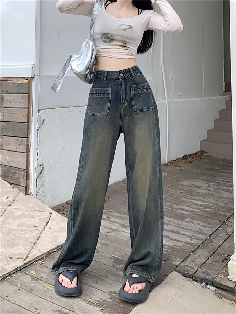 復古口袋設計直筒牛仔褲女2023秋季新款高腰寬鬆顯瘦闊腿拖地長褲