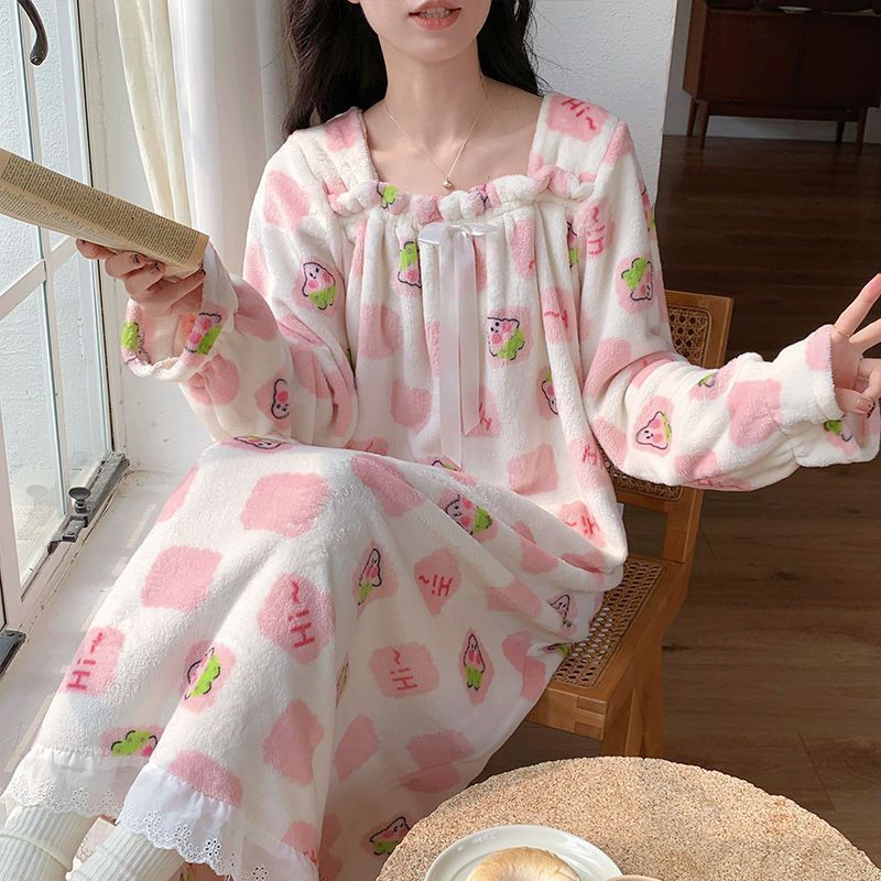 珊瑚絨睡裙冬季加厚保暖可愛寬鬆公主風法蘭絨睡衣女款家居服秋冬