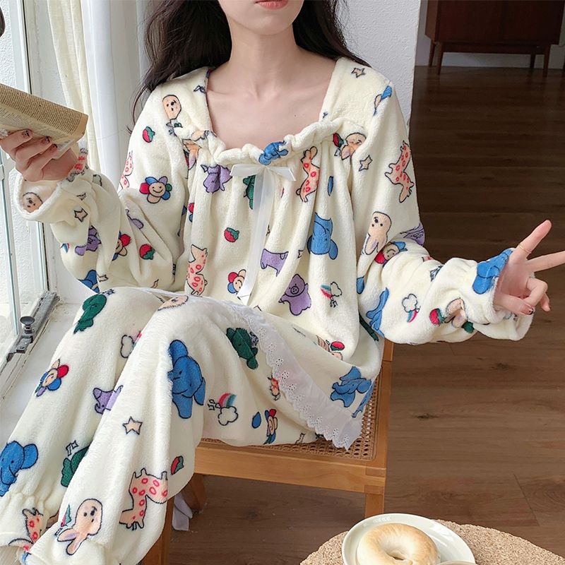 珊瑚絨睡衣女冬季加厚保暖卡通少女公主風可外穿法蘭絨家居服套裝