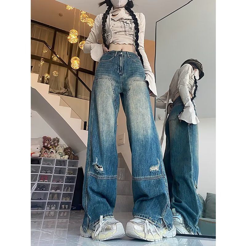 大碼女裝破洞開叉牛仔褲春秋新款寬鬆顯瘦直筒高腰胖mm拖地闊腿褲