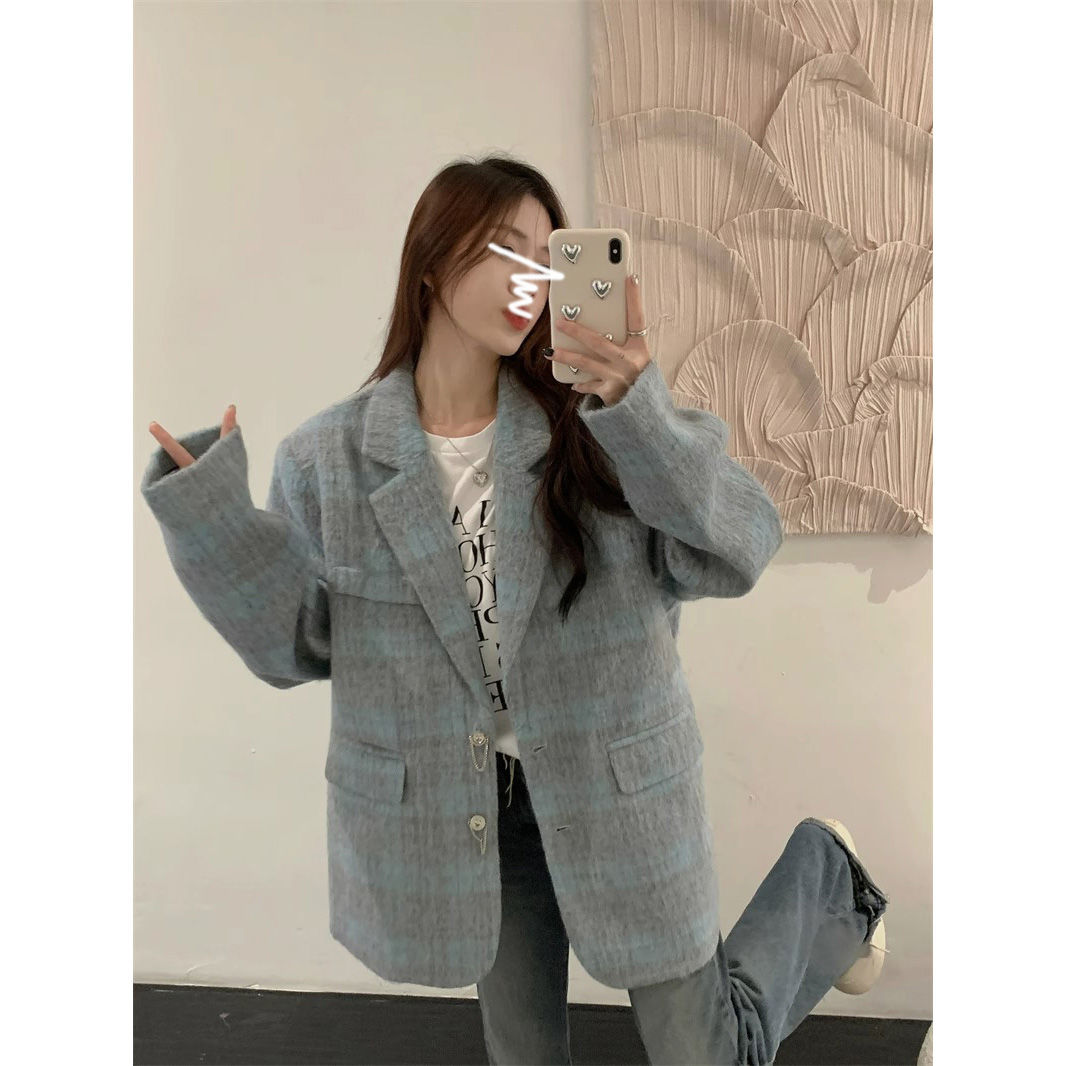Korean style retro high-end woolen plaid blazer women's autumn and winter loose casual mid-length top trendy