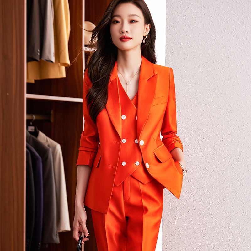 High-end orange blazer women's commuter business attire suit vest three-piece set slim temperament manager work clothes