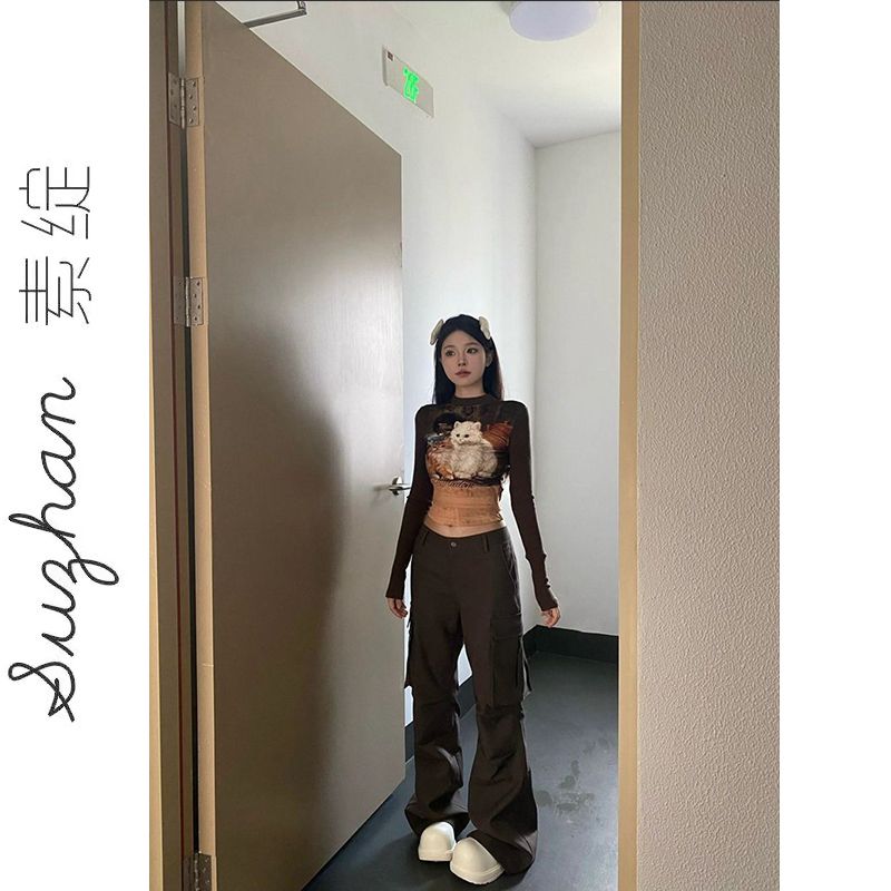 甜辣妹正肩顯瘦貓咪印花長袖t恤女秋冬y2k千禧風高腰短款上衣外穿