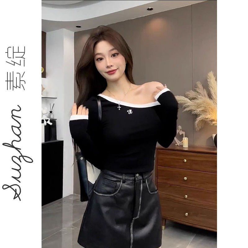 小眾新款撞色斜肩長袖t恤女早秋刺繡收腰顯瘦打底撞色氣質上衣服