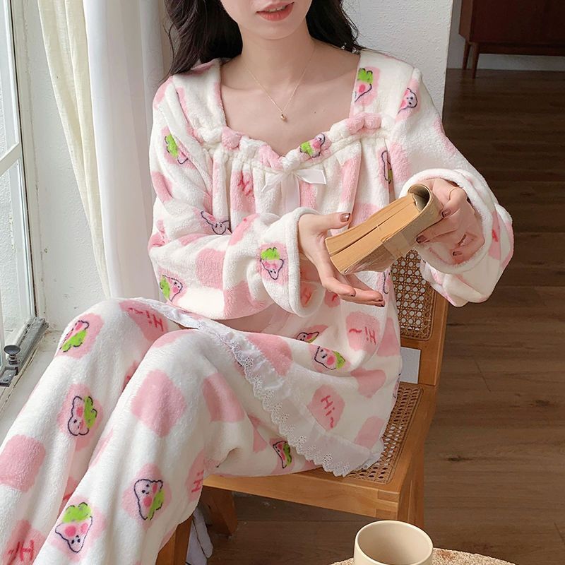 珊瑚絨睡衣女冬季加厚保暖卡通甜美少女公主風法蘭絨家居服兩件套
