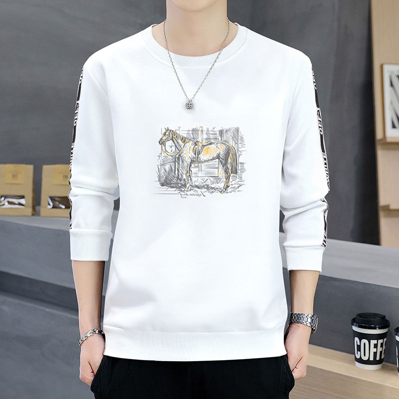 [Fleece/Non-Fleece] Men's round neck sweatshirt, men's printed pullover sweatshirt, men's long-sleeved T-shirt, bottoming shirt, men's clothing