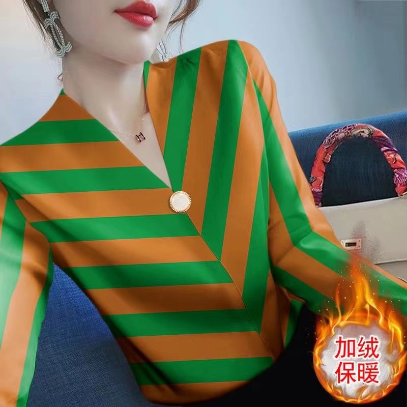 2023新款一體雙面德絨V領打底衫女長袖修身時尚百搭保暖上衣潮