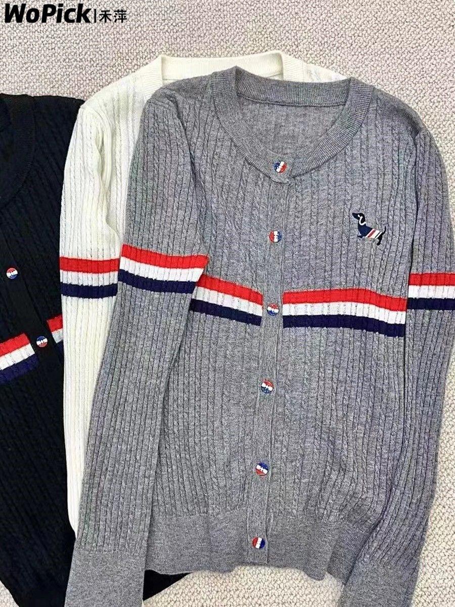 刺繡小狗撞色條紋針織衫上衣女秋季長袖圓領洋氣減齡修身開衫毛衣