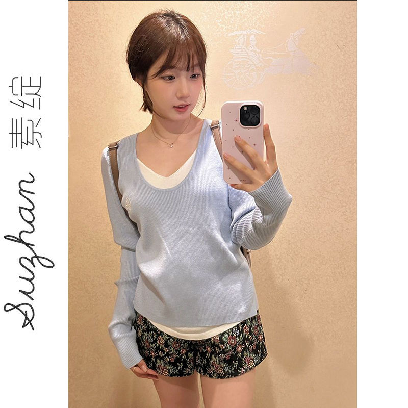 早秋新款慵懶風新款拼接假兩件套頭上衣女韓系辣妹外穿長袖針織衫