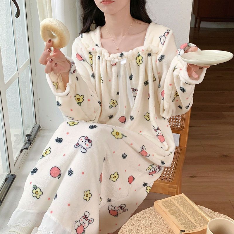 珊瑚絨睡裙冬季加厚保暖卡通寬鬆公主風法蘭絨睡衣女款家居服秋冬