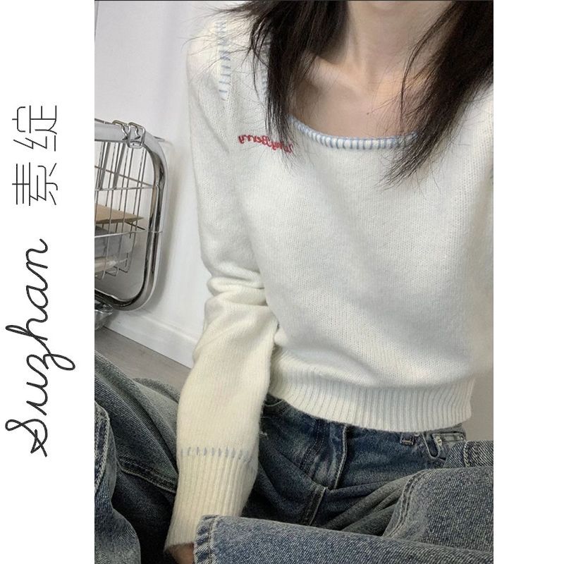 秋季新款減齡少女高級感時髦洋氣針織上衣女韓系方領明線裝飾毛衣
