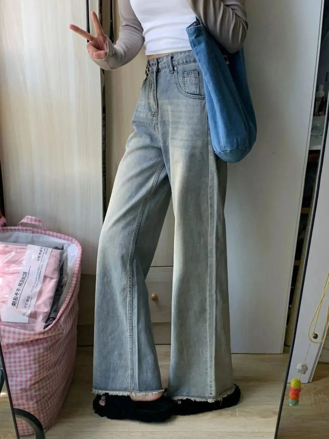 港風黃泥毛邊高腰直筒牛仔褲女春秋新款寬鬆顯瘦垂感闊腿拖地褲潮