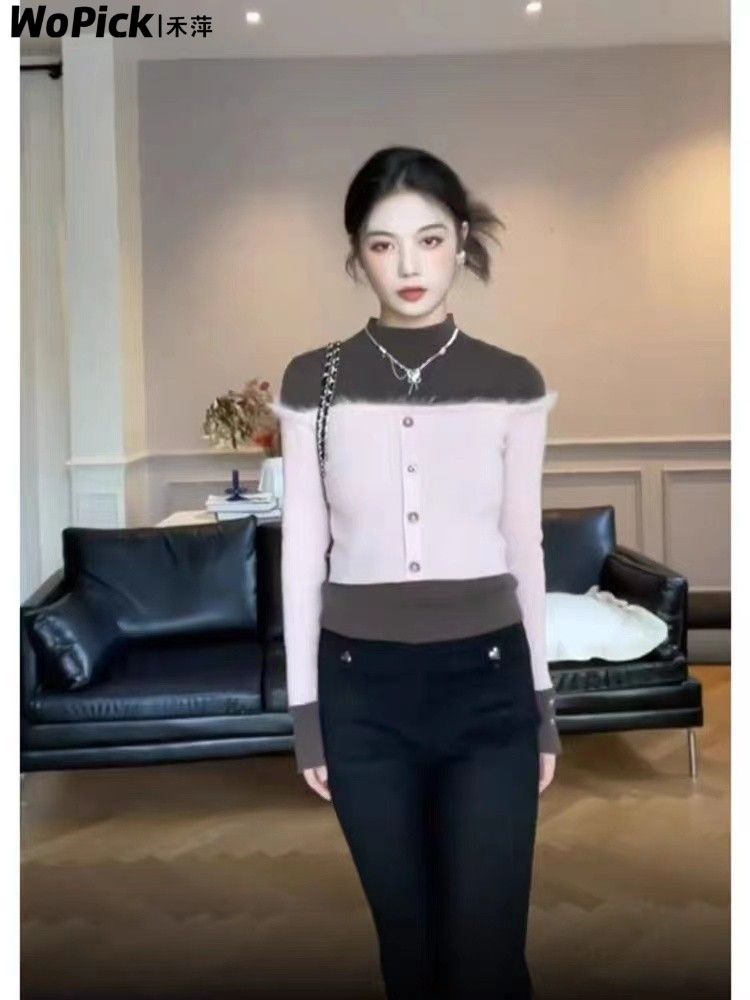 半高領針織打底衫女春秋內搭設計感小眾修身顯瘦短款長袖洋氣上衣