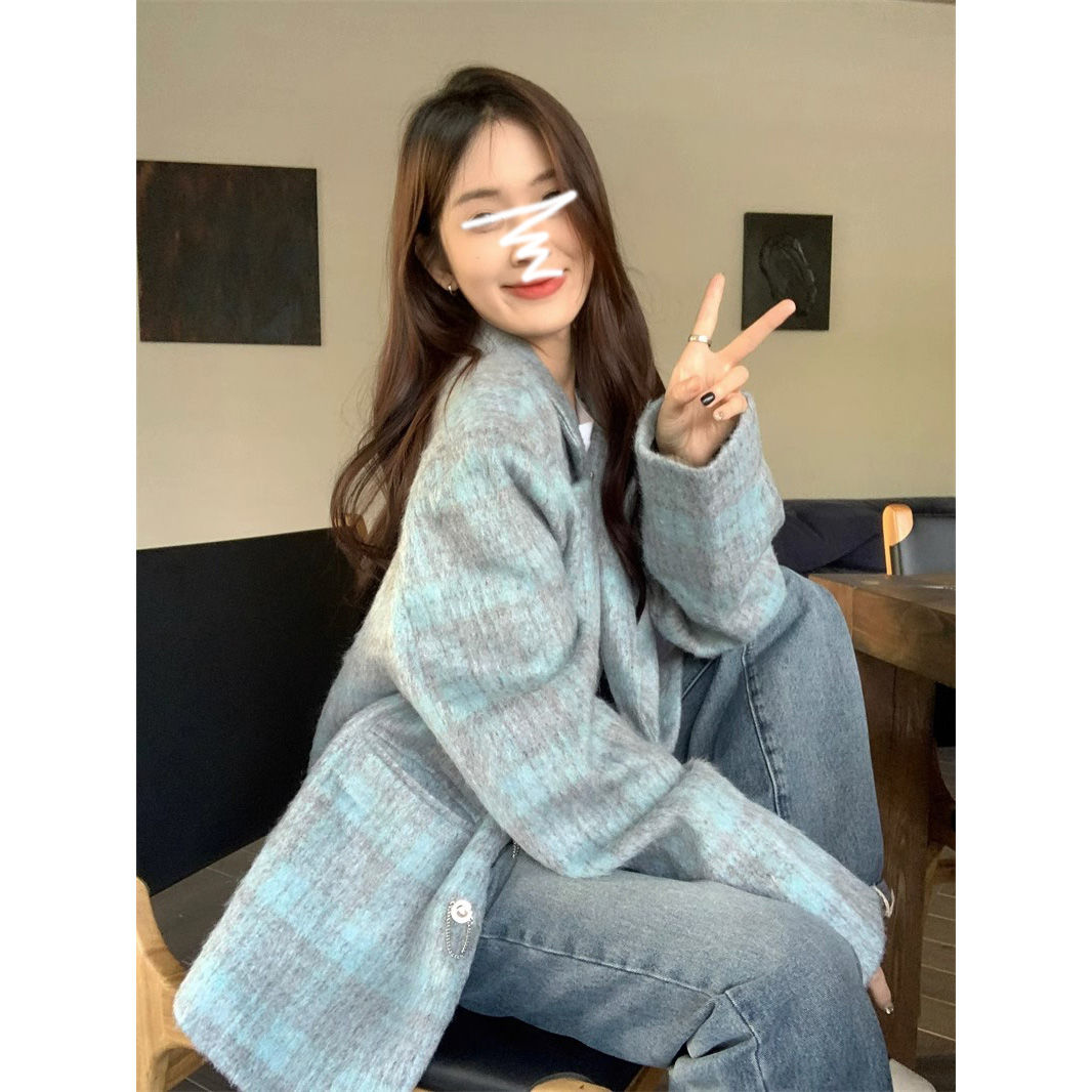 Korean style retro high-end woolen plaid blazer women's autumn and winter loose casual mid-length top trendy