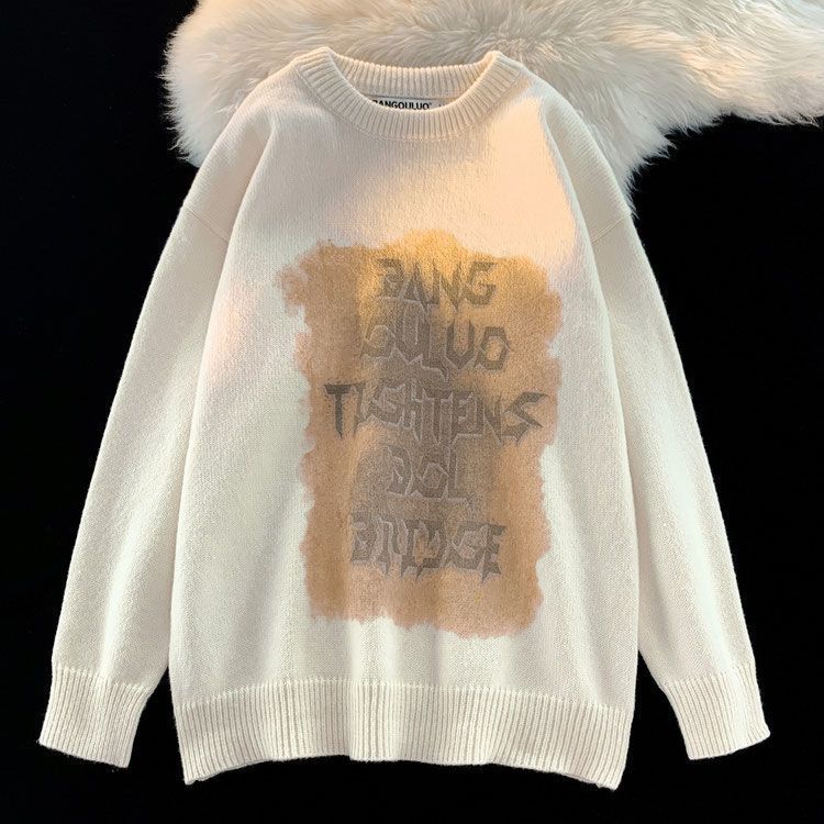 Unisex Retro Graffiti Sweater Thick Knit Pullover Autumn Winter_voghion.com