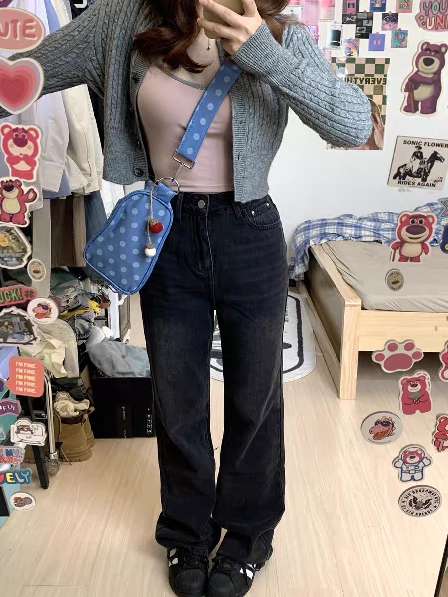 復古煙灰色直筒牛仔褲女秋季胖mm遮胯顯瘦闊腿褲高腰寬鬆拖地褲子