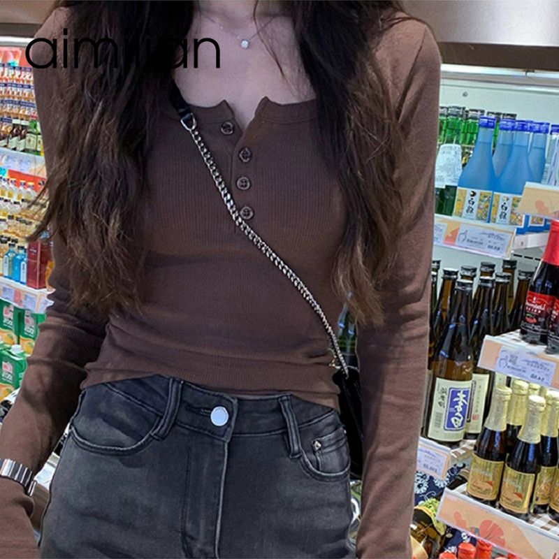aimilian螺紋紐扣長袖t恤內搭打底衫女春秋韓版修身修身短款上衣
