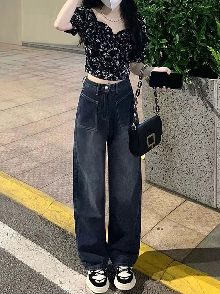 復古慵懶風牛仔褲女秋季新款高腰寬鬆闊腿顯瘦百搭直筒拖地褲子潮
