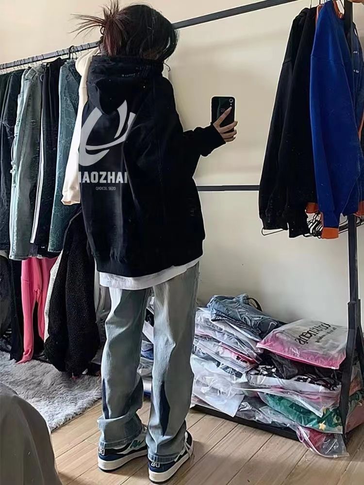 國潮牌復古字母薄款連帽外套女春秋冬寬鬆情侶高街ins小眾加絨衛