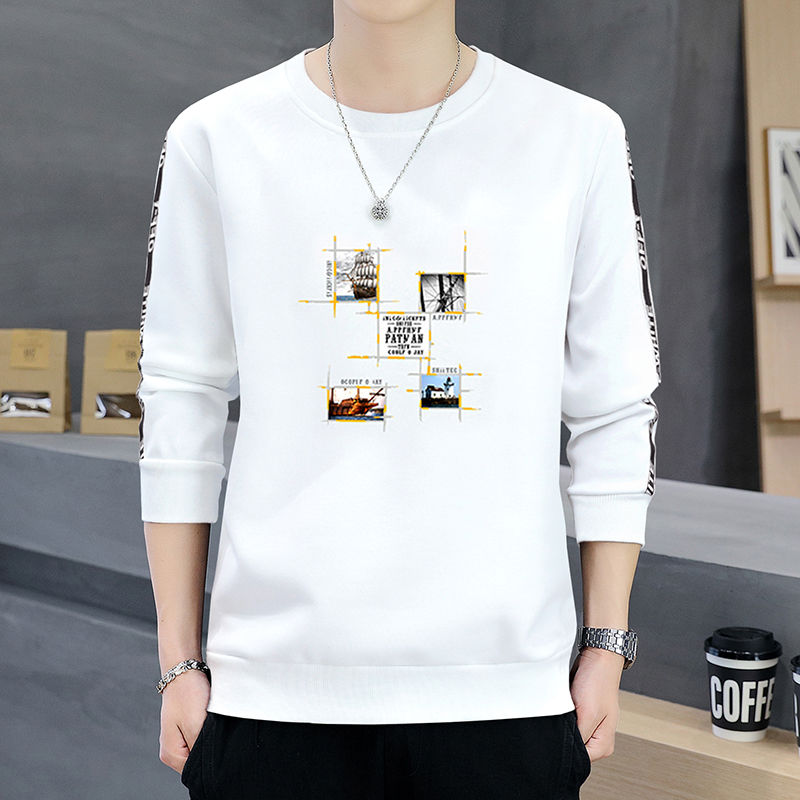[With velvet/without velvet] New style men's pullover sweatshirt, men's round neck printed sweatshirt, men's long-sleeved T-shirt, men's
