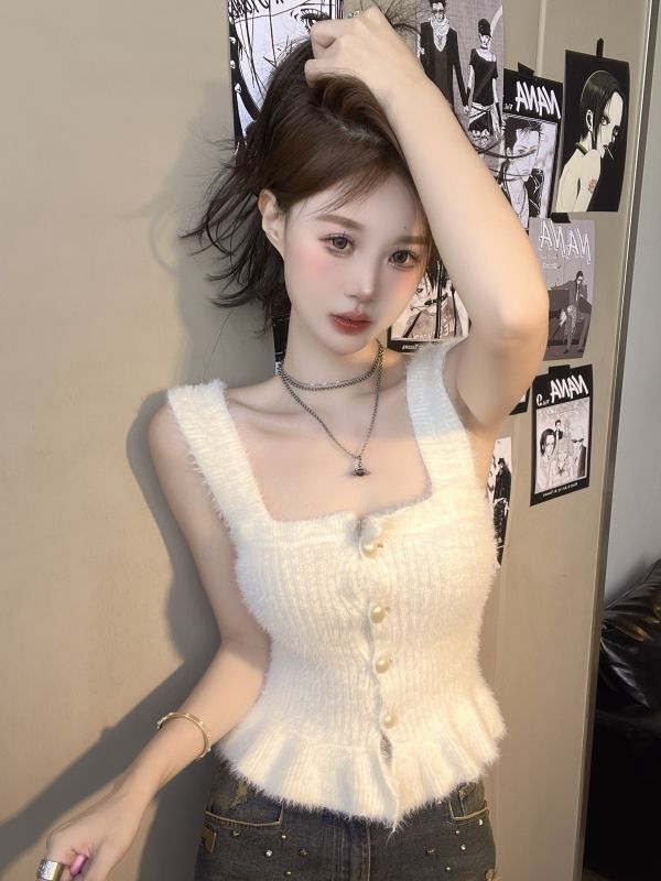仿貂絨毛衣背心女秋冬外穿純欲甜辣妹抹胸吊帶上衣針織打底衫內搭