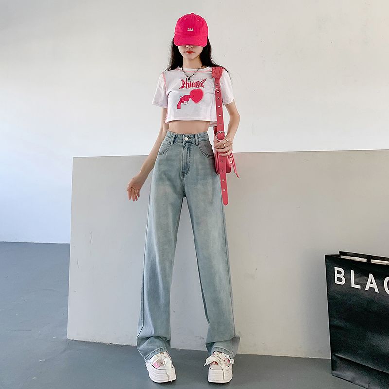 高腰闊腿牛仔褲女士2023年秋季寬鬆小個子新款春秋款直筒拖地褲子