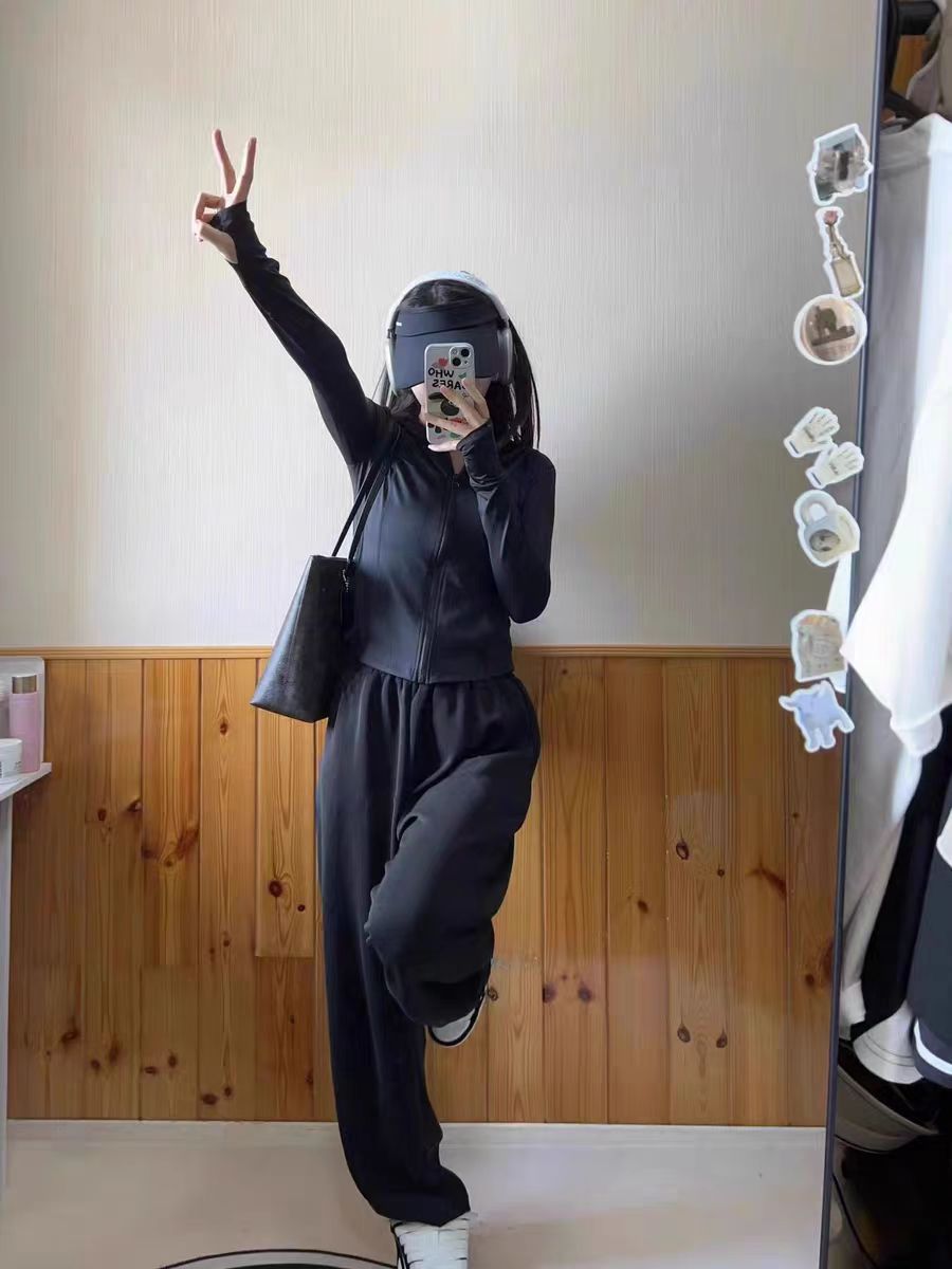 黑色防晒衣女秋冬季2023新款修身显瘦瑜伽服开衫薄款运动外套上衣