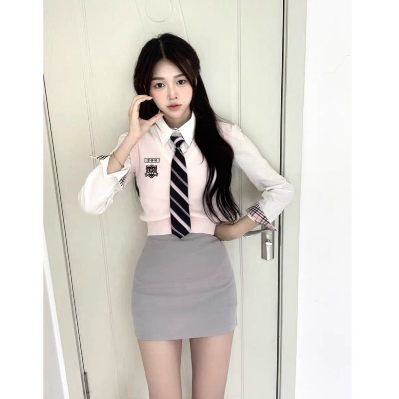三件套裝/單件學院風V領短款針織毛衣馬甲女+白色襯衫+高腰半身裙