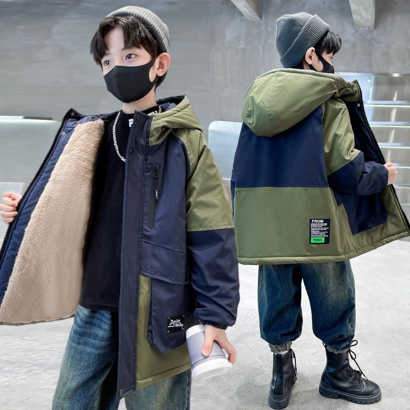 男童秋冬加絨外套2023年新款中大童男孩冬天洋氣加厚派克服棉衣潮