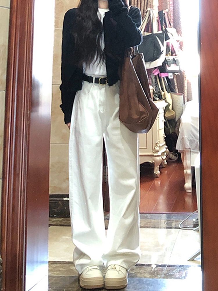 白色闊腿牛仔褲女新款2023秋冬寬鬆顯瘦高腰直筒長褲子ins潮百搭
